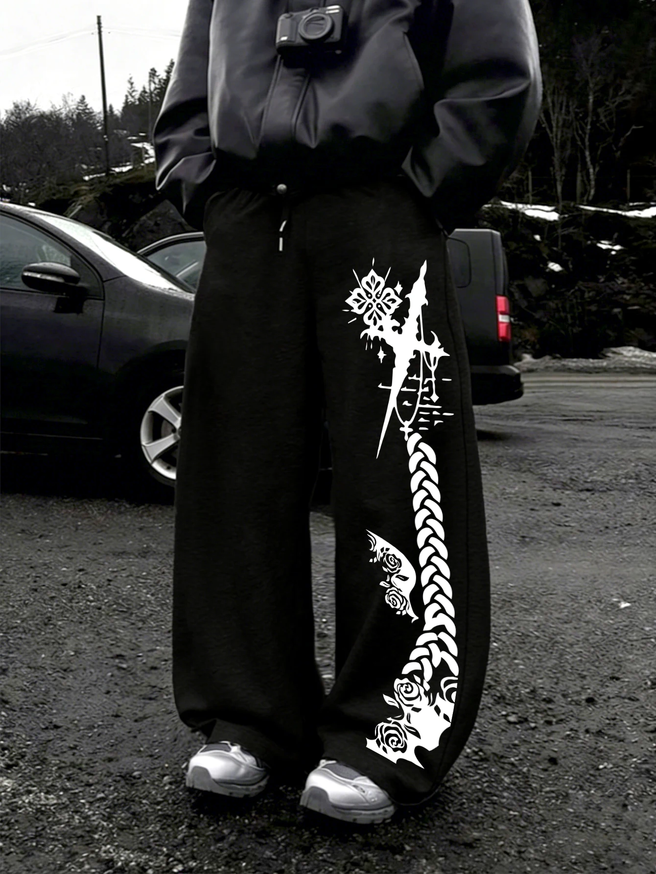 Men's Gothic Cross Rose Chain Floral Print Wide Leg Sweatpants Drawstring Soft Dark Punk Street Hip Hop Loose Trousers
