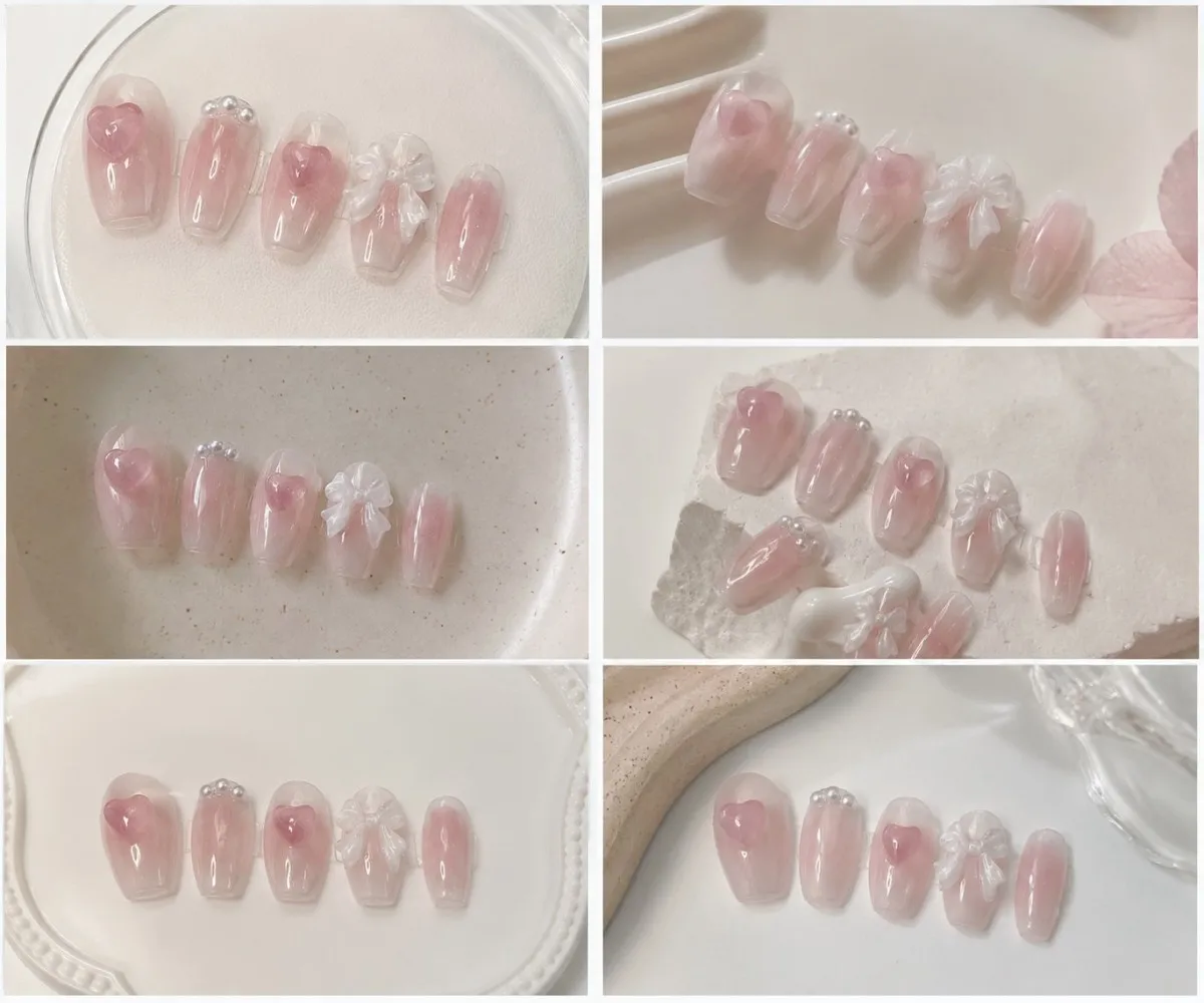 Cute Pink Sweet Princess Removable Handmade Wear Nail Art Y2K Vitality Girl Short Fake Nails Blush Bow Nail Patch view 2