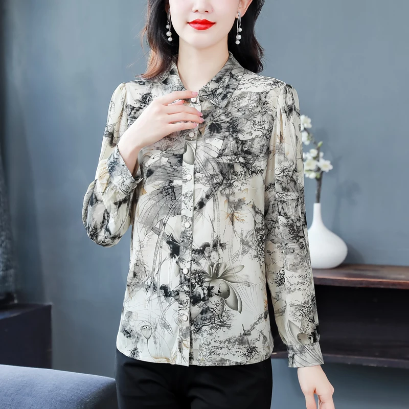 الحرير irt المرأة عادية رقيقة Sle ربيع الخريف Faionable أمي الراقية العلامة التجارية فضفاضة تناسب طويلة Sve طوق irt