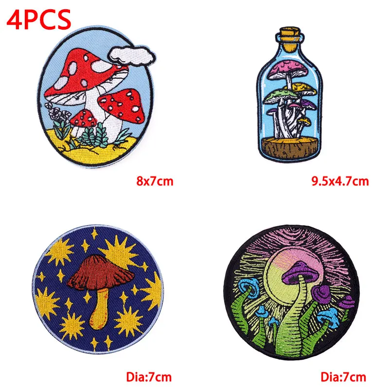 4PCS Mushroom Patch Iron On Patches On Clothes Cartoon Embroidered Patches For Clothing Thermoadhesive Patches Jackets Stickers