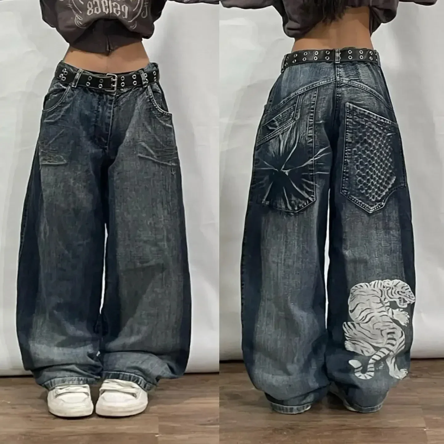 Calça casual retrô Harajuku oversize masculina e feminina, Y2K, cintura alta, perna larga, hip hop, punk, de rua, bordada, nova