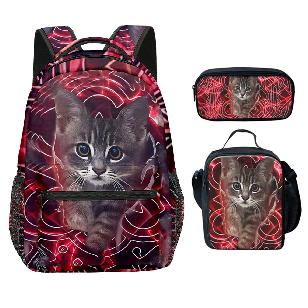 Cartoon Novelty Cool Cute Cat Pattern 3D Print 3pcs/Set Student School Bags Laptop Backpack Crossbody Lunch bag Pencil Case