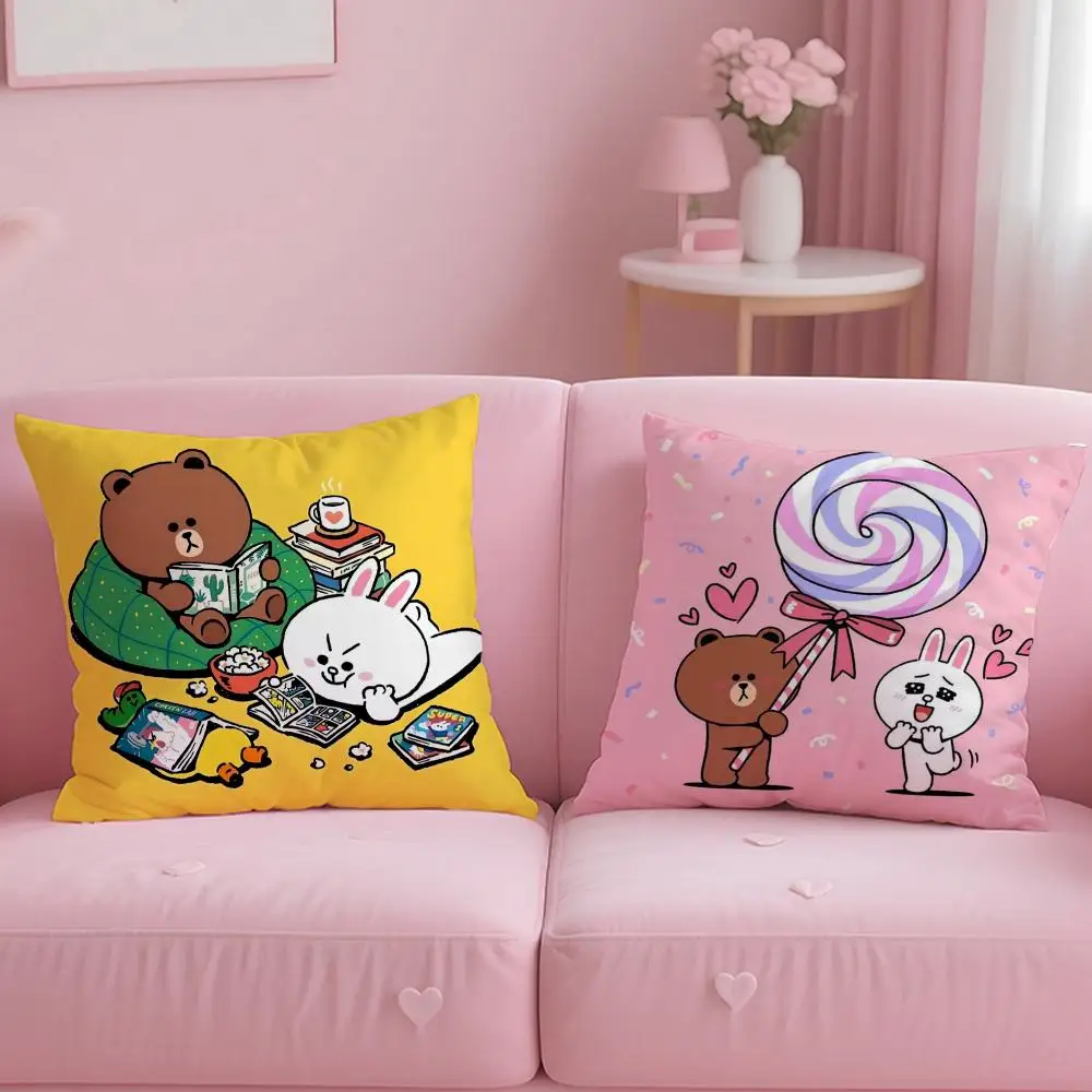 Anime Line Town Brown Bear and Cony Cushion Cover Comfortable Reversible Pillow Cover Ideal for Car Sofa Bedroom & Beyond