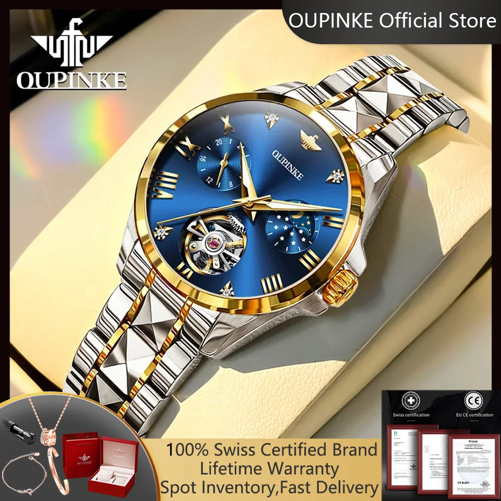 

OUPINKE 3202 Moon Phase Automatic Watch for Women Elegant Skeleton Dial Chronograph Auto Date Waterproof Ladies Mechanical Watch