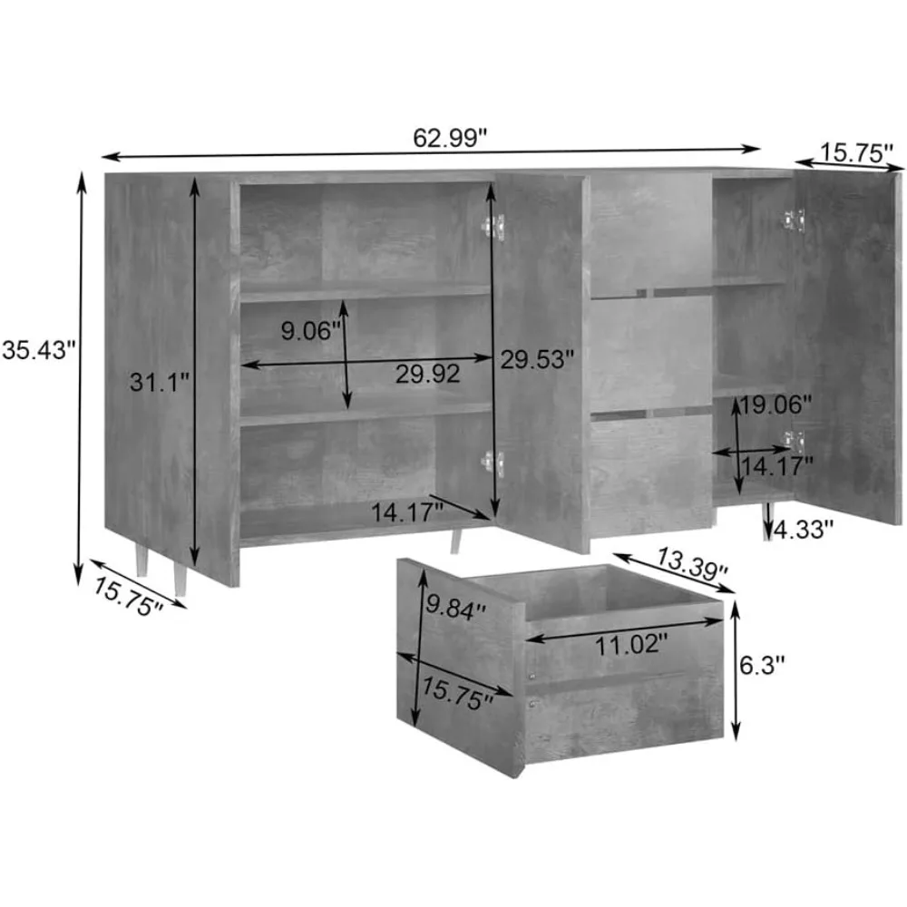 Armário aparador buffet com prateleiras, armário de bar de café com exibição dividida com 4 portas e 3 gavetas, com pernas de metal