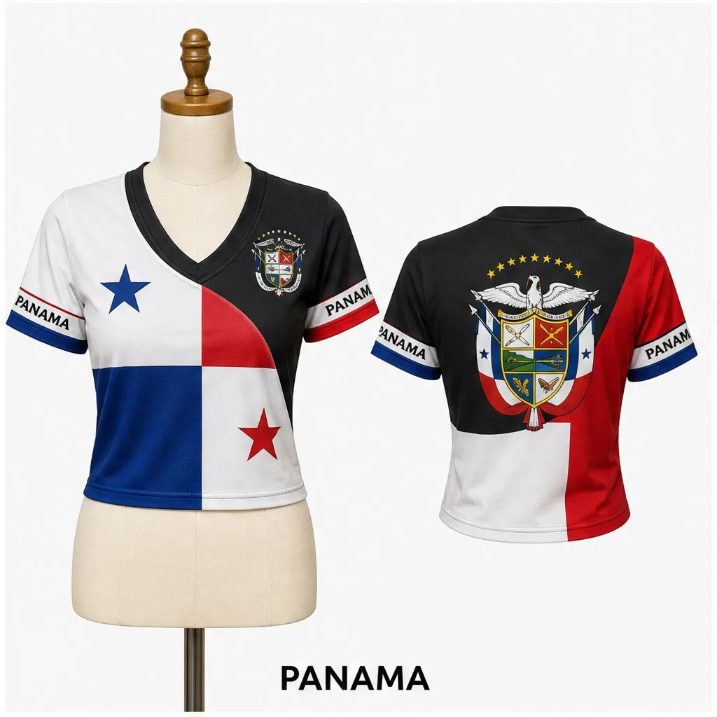 Womens Panama V Neck Short Sleeve Crop Tops Flag Crest Color Block Graphic Casual Summer Tshirt for Street Travel and Daily Wear