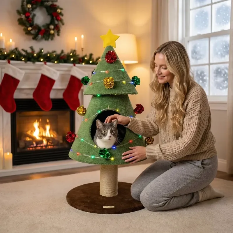 Multi-Level Cat Christmas Tree Tower Scratching Posts Plush Condos-Modern Indoor Cat Toy 39 Height Carton Customizable Size