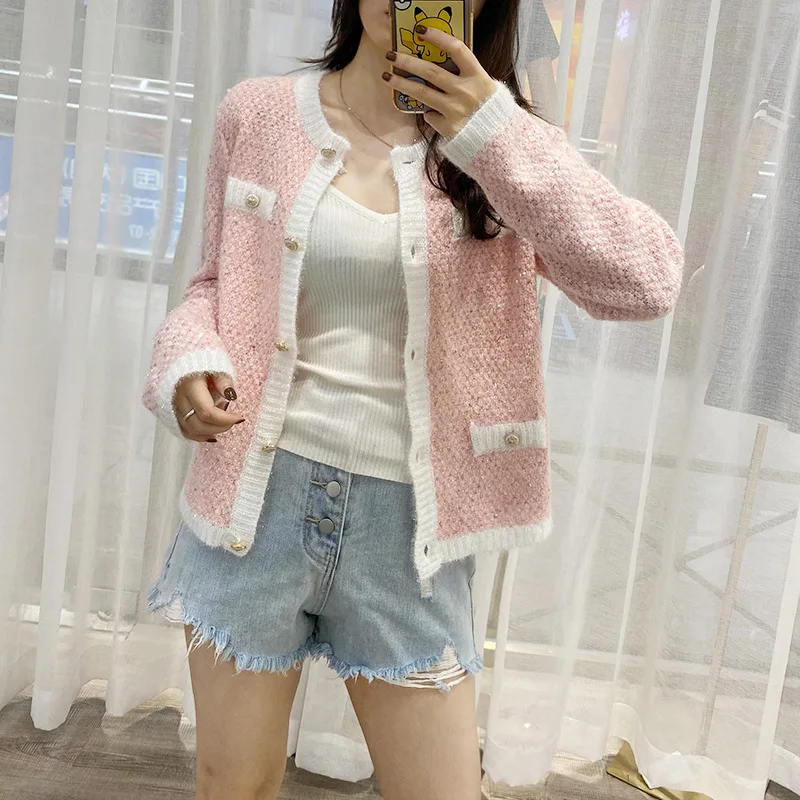 

Knitted cardigan, bright silk noble short jacket, women's round neck color matching loose top, 2024 autumn/winter new style