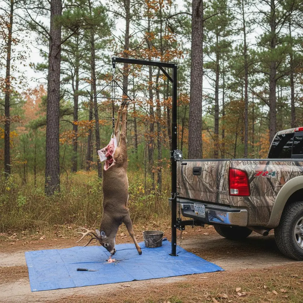 

Vehicle Crane Lift 500lbs Capacity For Field Dressing Skinning Cleaning 360-Degree Swivel Shaft Adjustable Height Gambrel Win