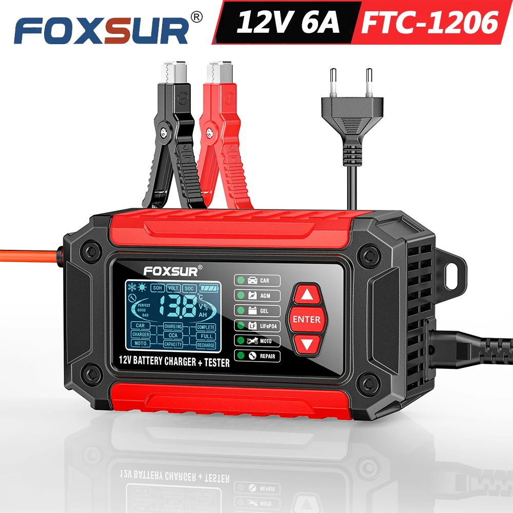 

FOXSUR 12V 6A FTC-1206 Smart Car Battery Charger 2 in 1 For Motor Car Repair Mode LCD Display AGM LiFePO4 Lead Acid