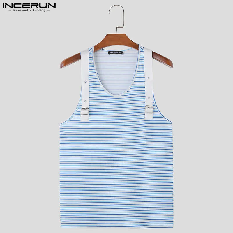 INCERUN Men Tank Tops Striped Patchwork O-neck Sleeveless Summer Casual Male Vests Streetwear 2024 Fitness Fashion Men Clothing