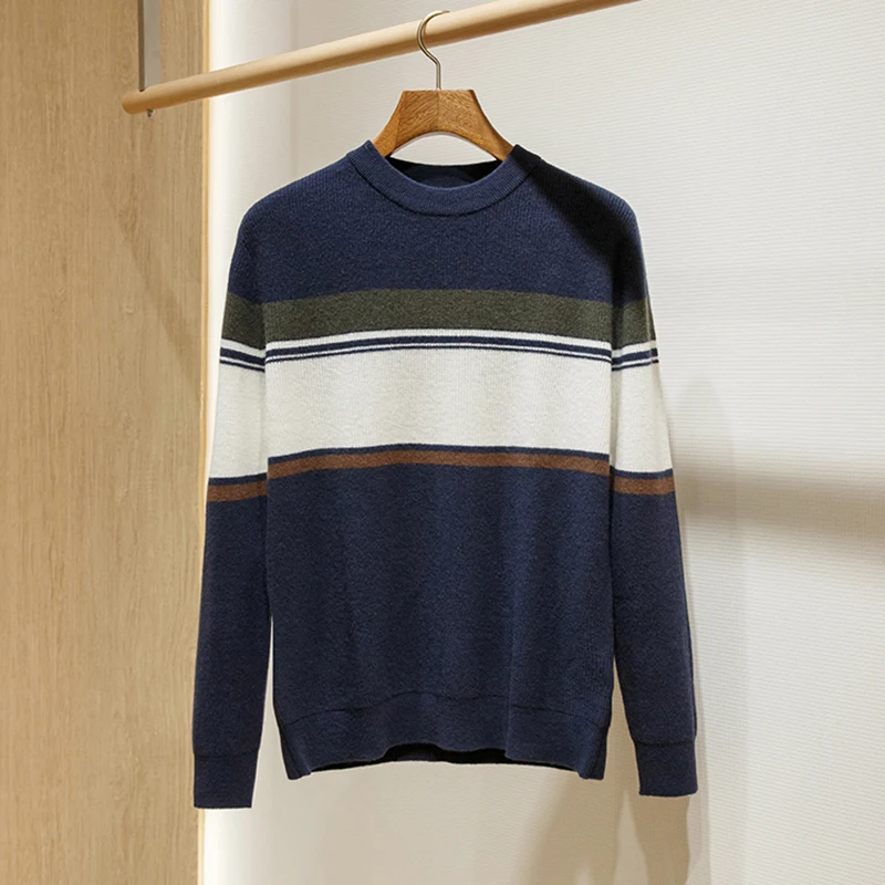 

New men's wool striped matching color fashion city all casual crew-neck pullover long-sleeved sweater