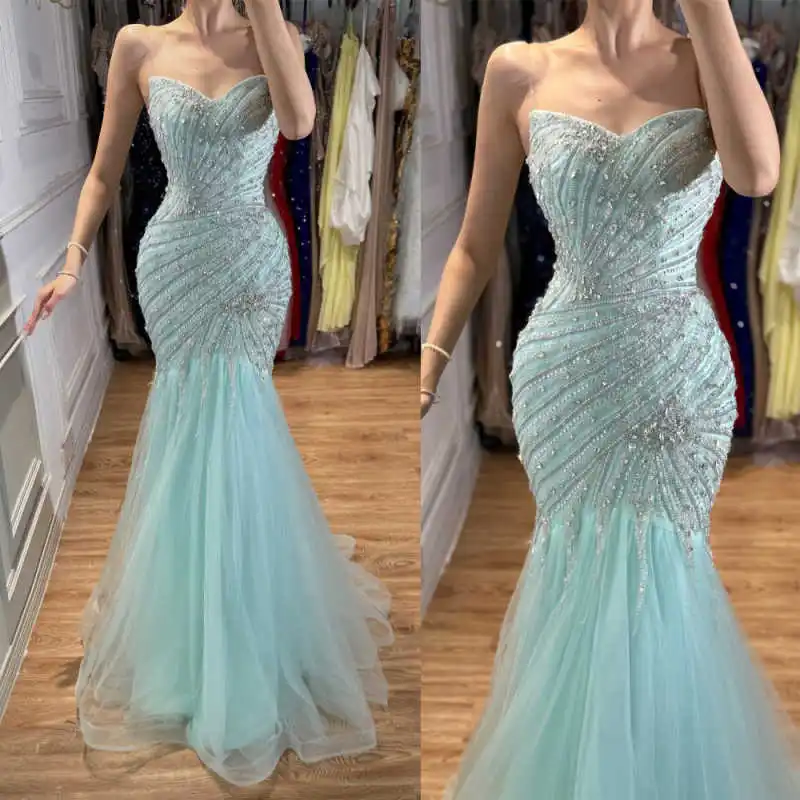 Dreamy Evening Dresses Sweetheart Strapless Diagonal Cut Crystal Beaded Bodice Soft Fluffy Tulle Mermaid Hem Prom Cocltail Party