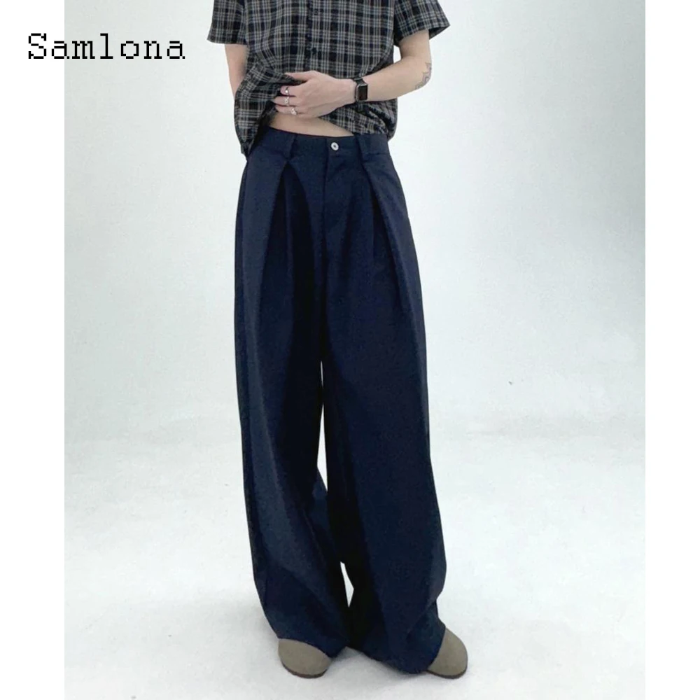 Samlona حجم كبير أزياء رجالي بنطال ذو قصة أرجل واسعة الصلبة البني الطابق طول بنطلون Kpop الكلاسيكية نابلي الأساسية دعوى بانت البنطلونات جديد