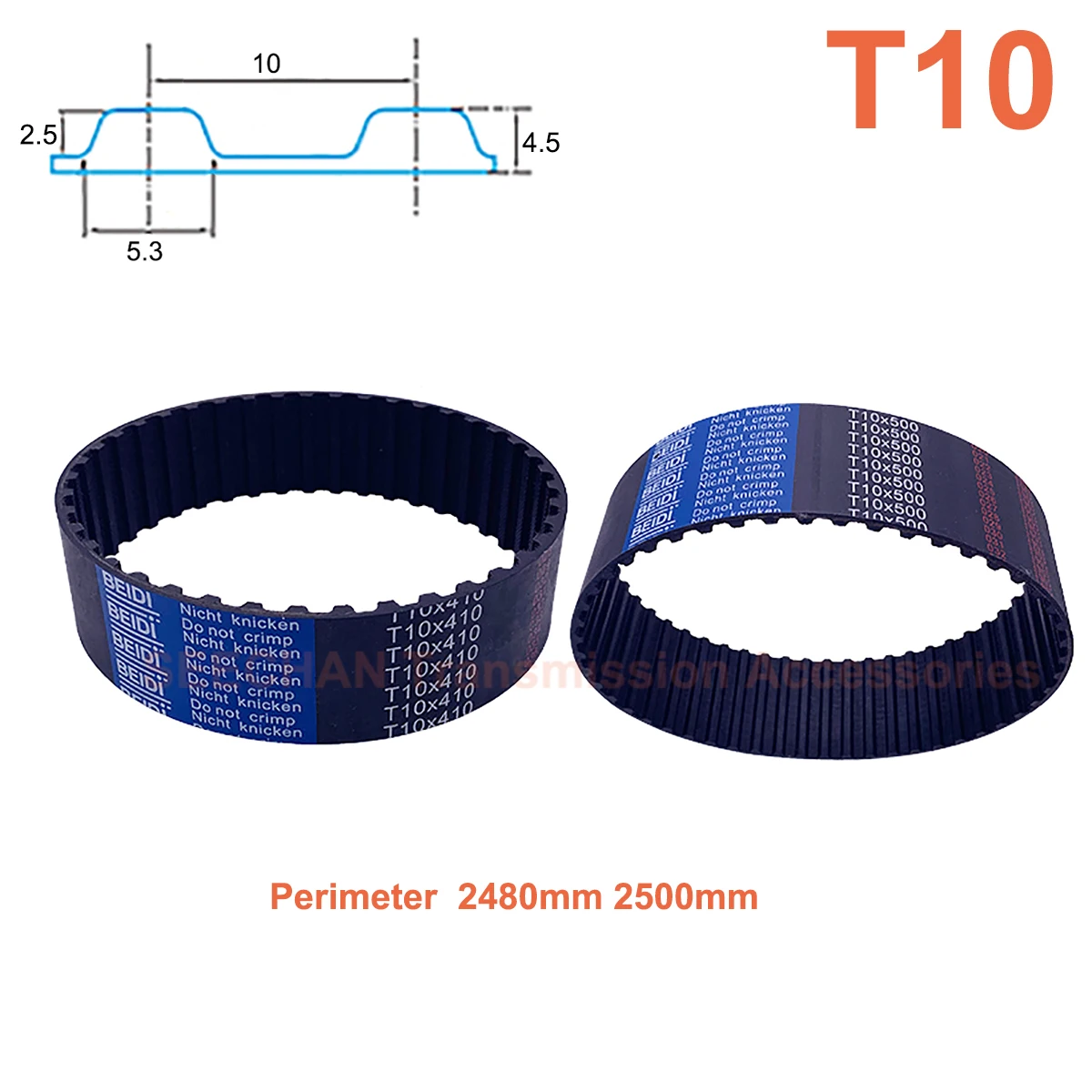 

Trapezoid T10 Synchronous Belt Perimeter 2480 2500mm Rubber with Fiberglass Core Width 15/20/25/30/40/50mm Timing Belt