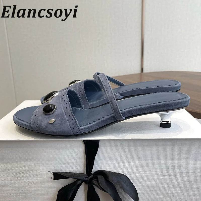 women's open toed slim low heel slippers with genuine leather and gemstone decoration solid color sandals summer beach slippers