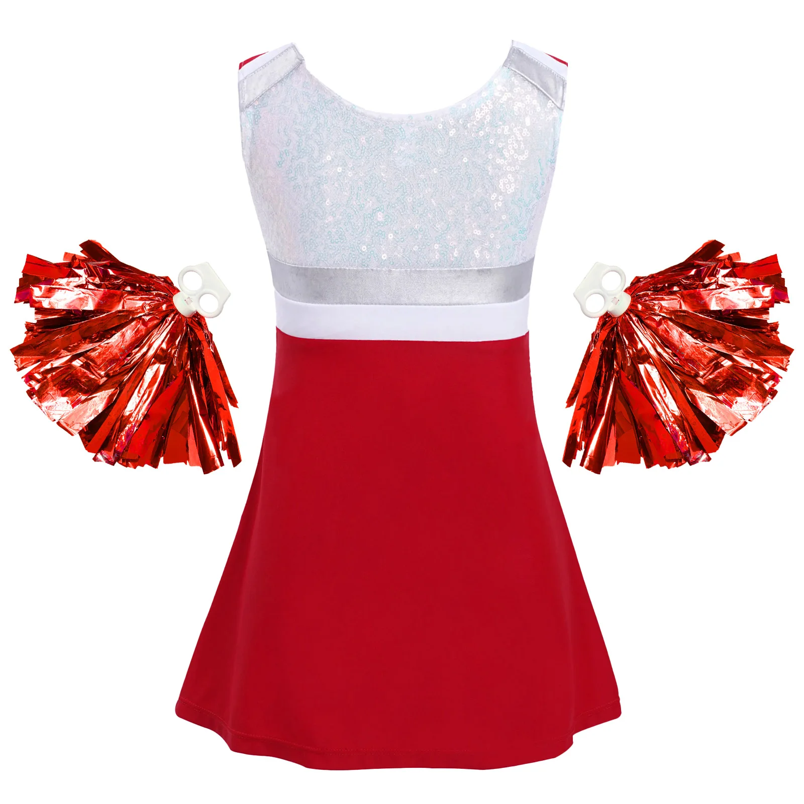 Mädchen Cheerleading Kostüm Jubeln Führer Kleid Ärmellose Pailletten Tanz Kleid mit Pompoms Shorts Karneval Party Kostüm