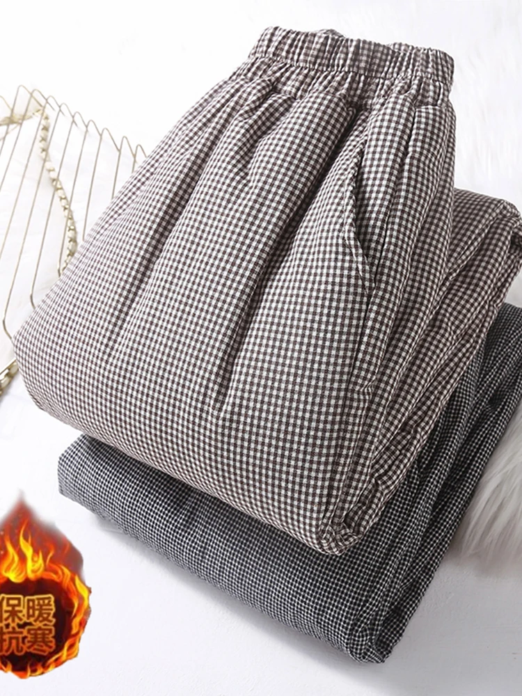 

Thiened Warm Cotton Linen Plaid Casual Harlan Pants Large Size Women's Winter High Waist Trousers Slimming Versatile Casual...