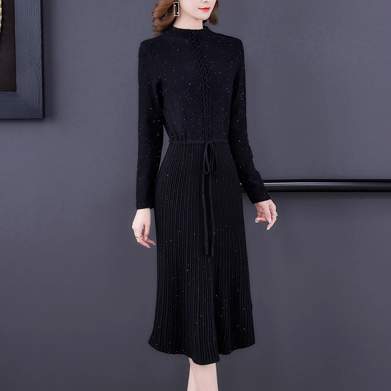 

2025 Knitted for Women Sweater Midi Dress Autumn Winter Long Sleeve Warm Dress Women Elastic Vintage Hepubrn Night Prom