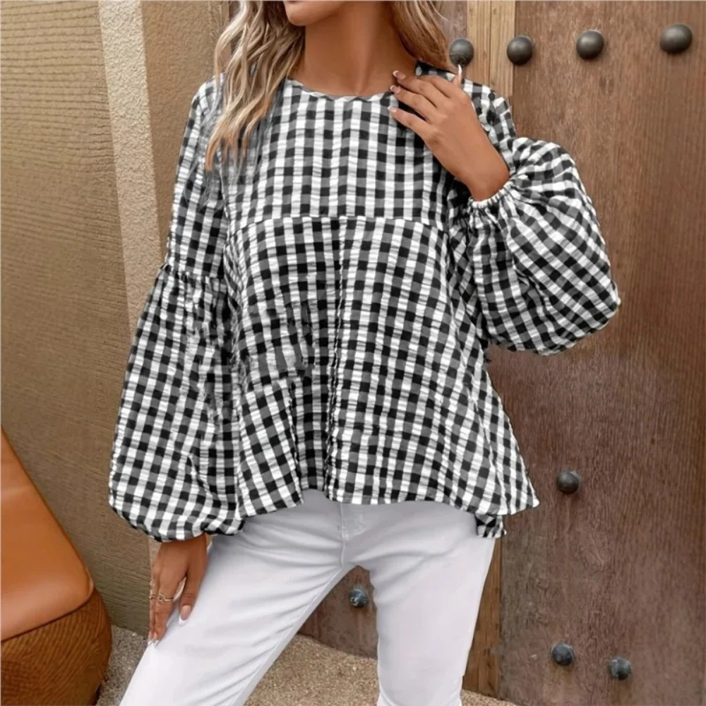 

Vintage Fine Plaid Loose Casual Blouse For Woman Lantern Sleeve Shirts & Blouses Women Korean Style Clothes