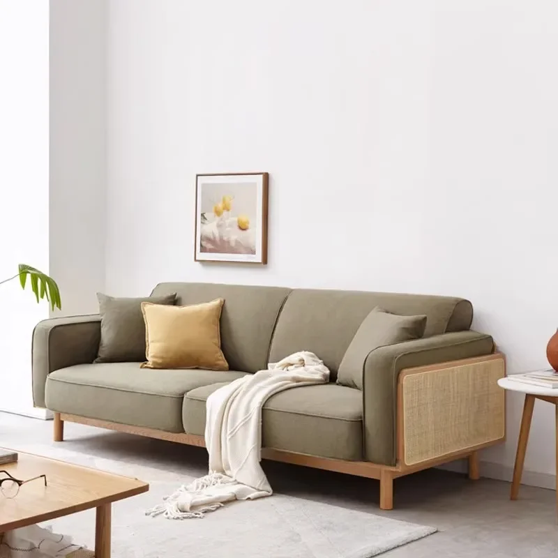 

Эстетический диван из ротанга на заказ, комбинация ясеня, ткань для трех человек, бревенчатая маленькая гостиная из массива дерева