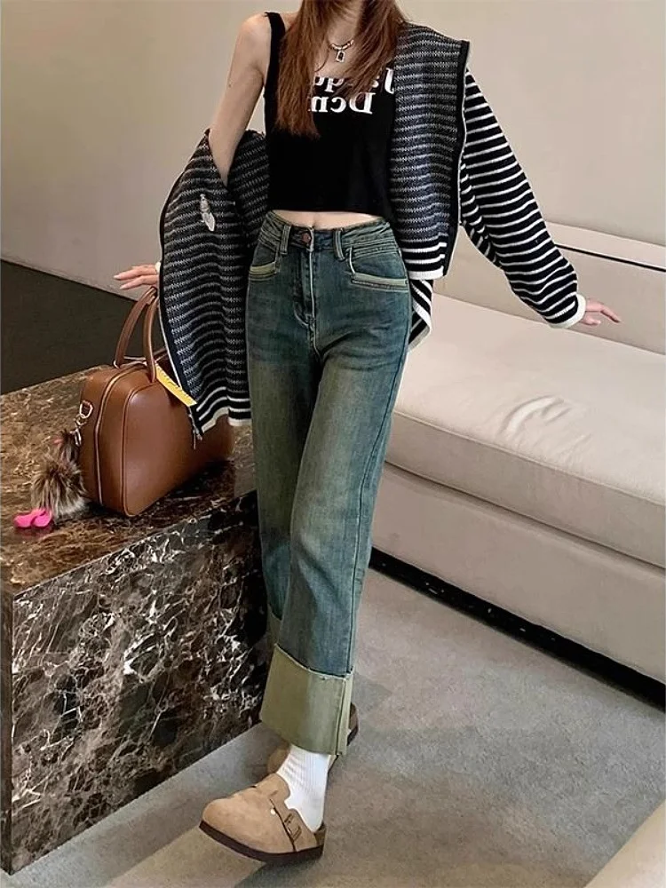 High Waist Straight Leg Vintage Roll up Jeans Women's Summer plus Size Slimming Nine Patchwork ing Pants