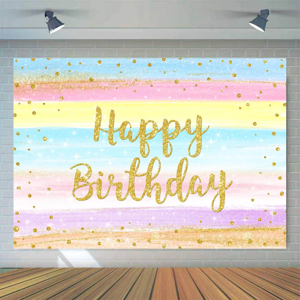 Mocsicka Happy Birthday Photo Background Rainbow Colors Stripes Polka Dots Photography Background Girl Birthday Party Customized