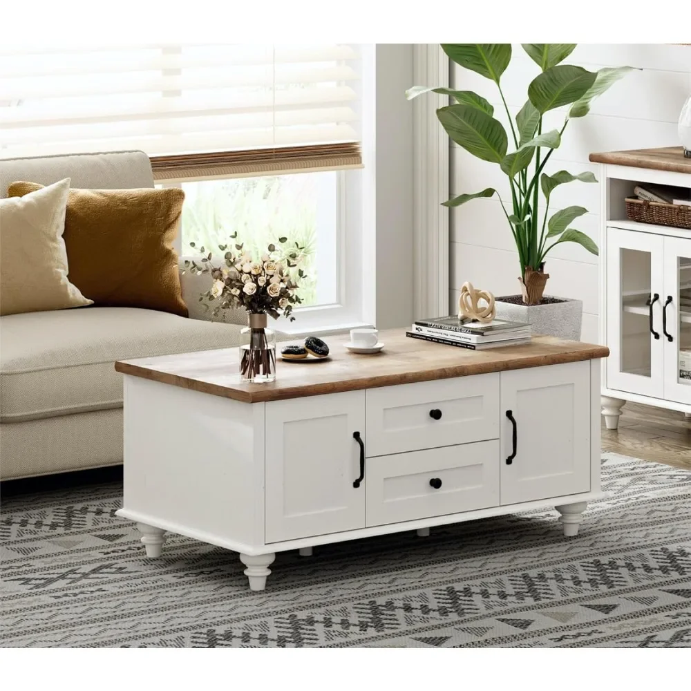 

Modern Coffee Table with Storage Cabinet, White Coffee Tables for Living Room, Wood Rectangle Center Table with Drawer