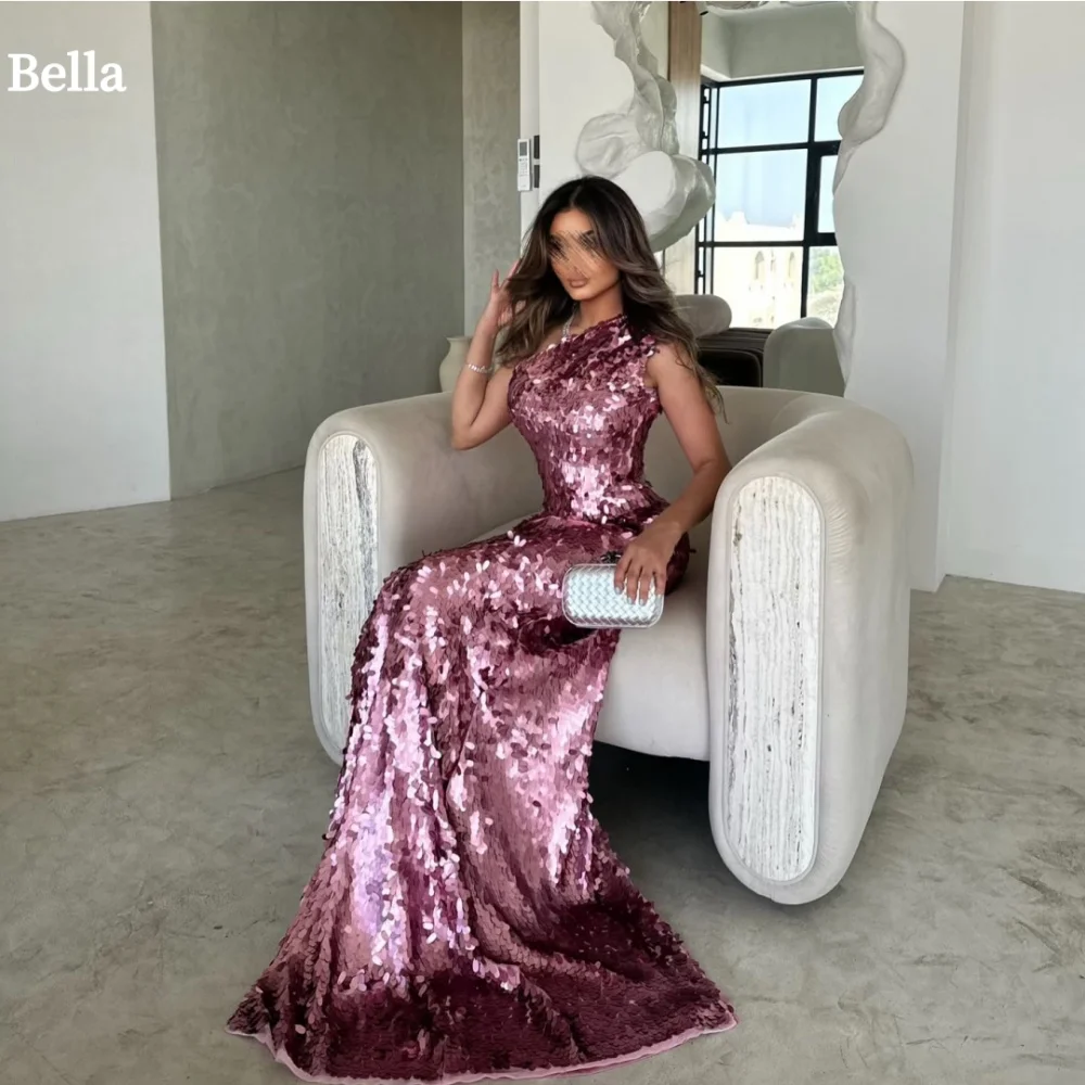 Bella Customized Pink Sequins Halter Neck robes de soirée Sleeveless Mermaid Evening Dresses Floor-Length Wedding Dress 2024