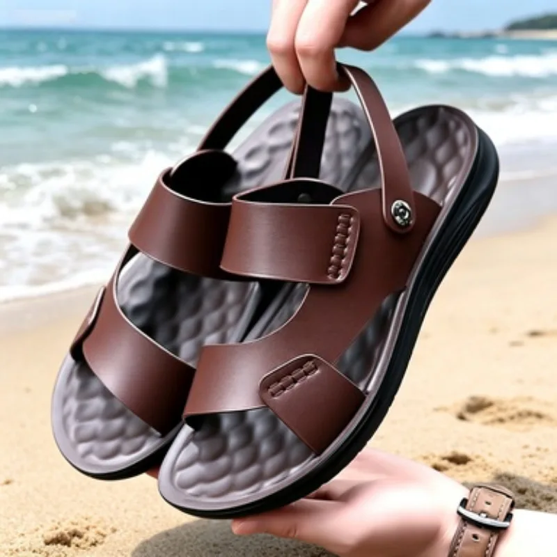 

Casual Men's Leather Sandals Summer Breathable Slip-On Beach Shoes Anti-Slip Indoor Outdoor Two-Use Trendy Discounted Footwear