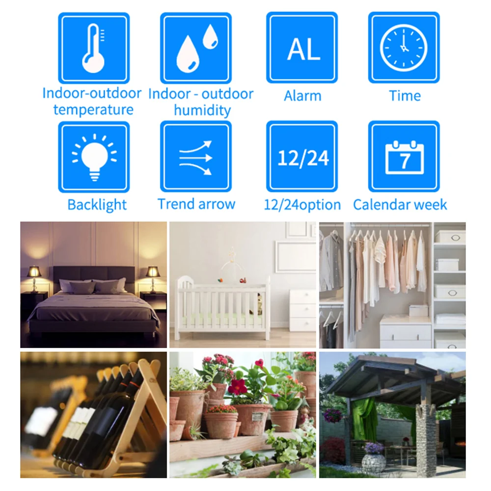 Imagem -02 - Medidor de Umidade de Temperatura Interna com Função Despertador Sensor Externo Time Display en ge fr it ne es da Pcs por Conjunto