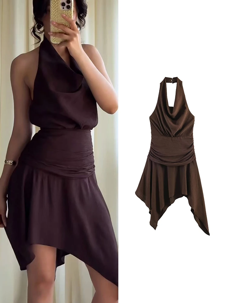 

TFMLN New Women's Halter Midi Dress Ruched Asymmetrical Backless Dresses Sexy Slimming Vacation Elegant Female Party Wear