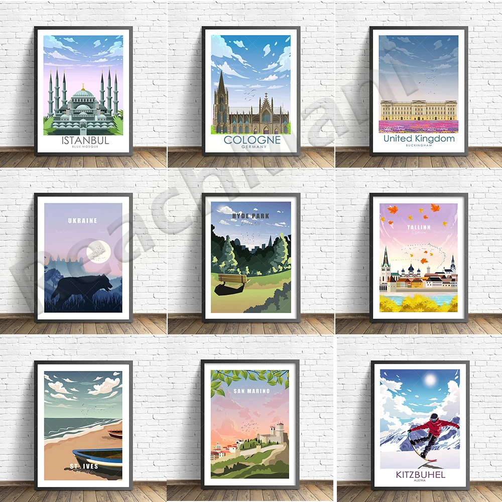 

Monaco, London, Kitzbühel ski resort, Ukraine, San Marino, Valletta, Istanbul, Cornwall, Germany Brandenburg Gate travel poster,