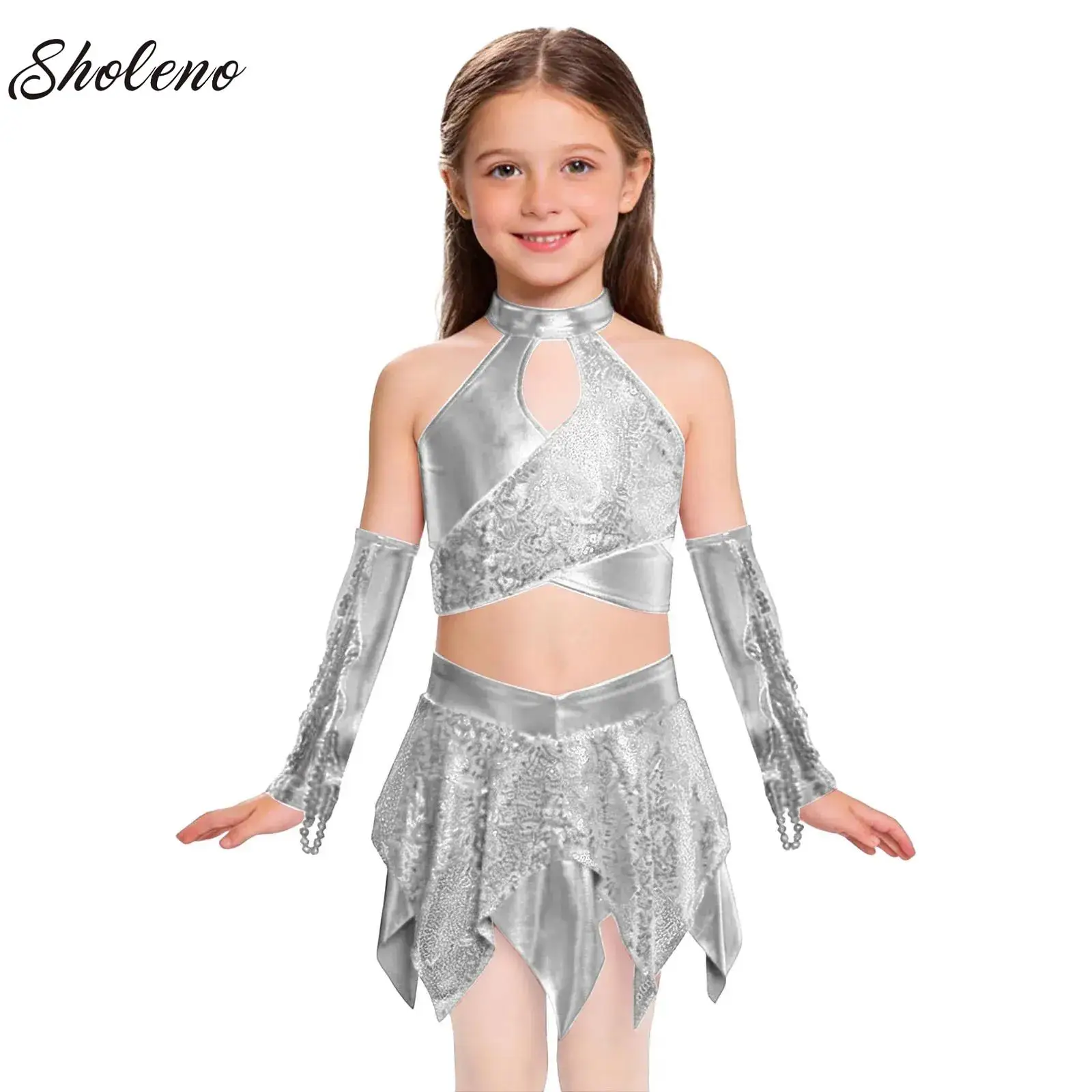 

Girls Sequin Ballet Jazz Street Dance Outfit Costume Shiny Crop Top Skirts Gloves Suit Halloween Carnival Cheerleading Costume