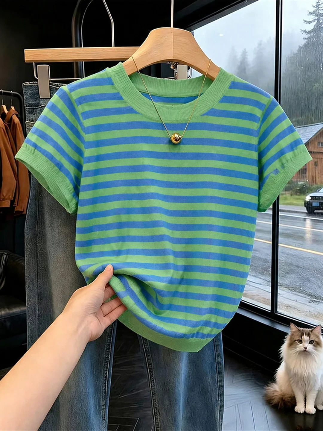 

Korean Style round Neck Short Sleeve Knitwear Commute Striped Color Block Summer Fashionable Anti-Aging Top for Young Women