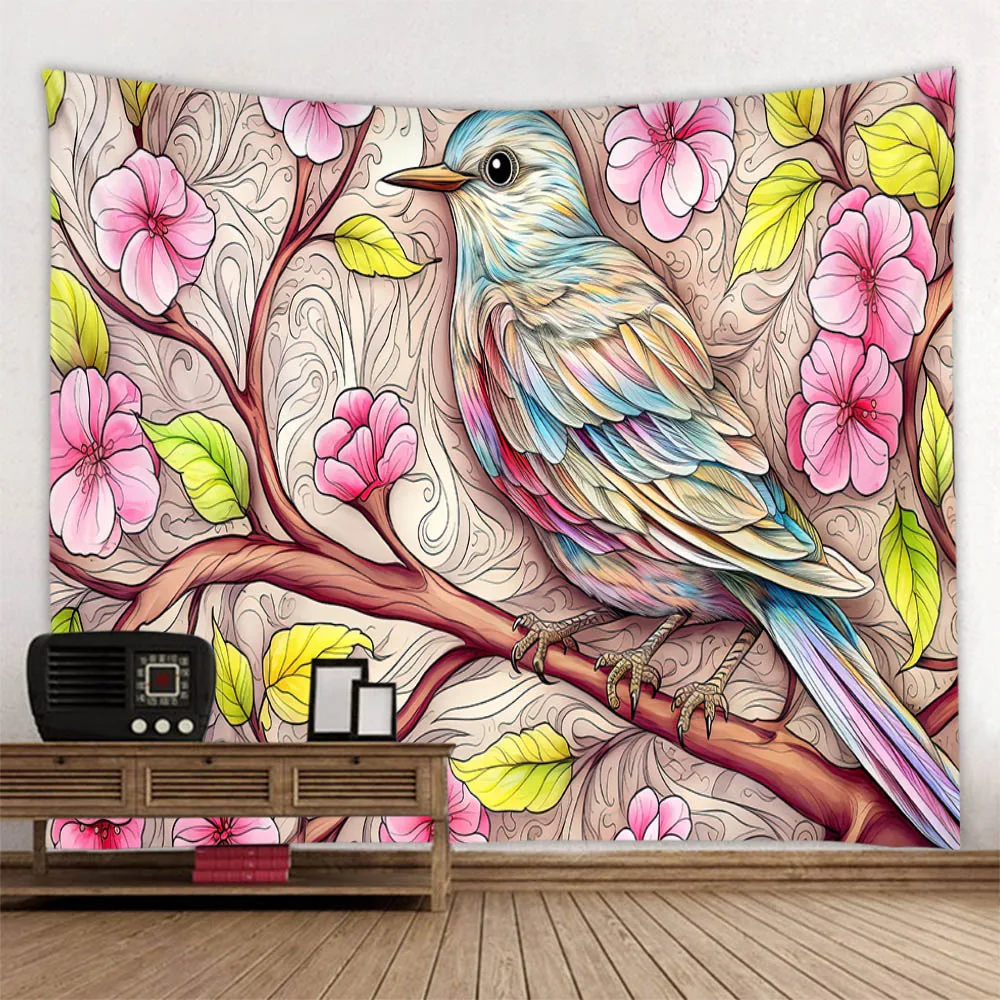 Beautiful flower and bird printed tapestry, home wall art decoration, background fabric, yoga sheets, picnic mats, beach towels