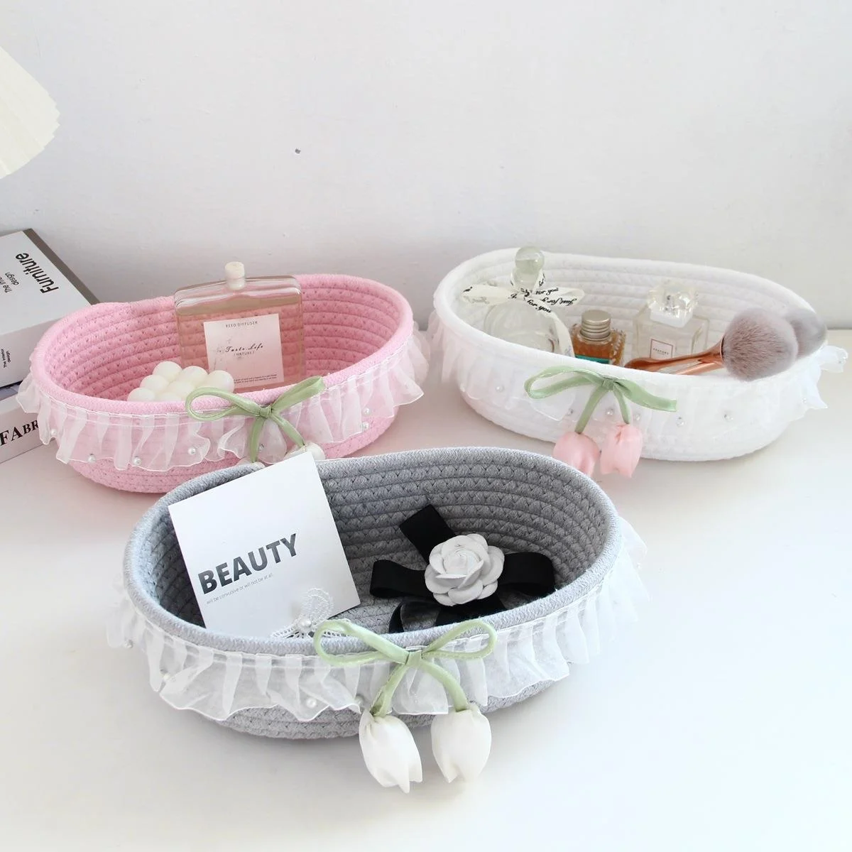 Bedroom Desktop Fabric Cotton Rope Storage Basket Organizer Tray for Snacks Cosmetics Entrance Hallway Utility Basket