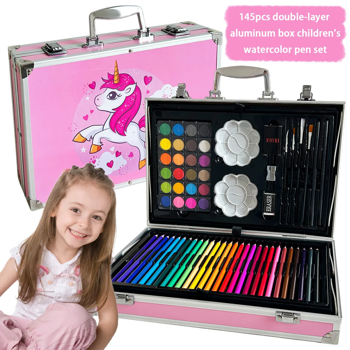 145 Pink Horse Aluminum Box Watercolor Pen Set,Children's School Supplies Painting Set Stationery Gift Box,Christmas Gift