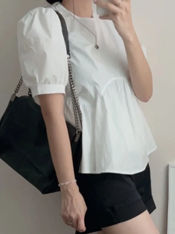 

Fre White Summer irt Women's Loose round Ne ort Sve Doll Top Ballet Sle Bubble Sve Pure Color Sweet Sle