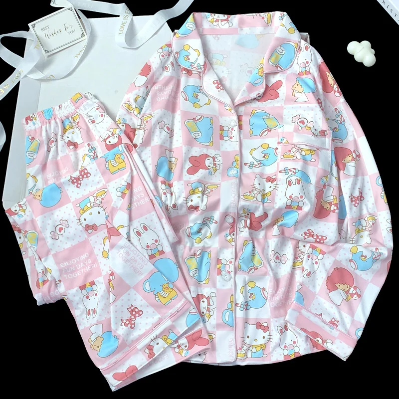 Sanrio autumn hello kitty cute sweet long-sleeved pajamas women melody cartoon checked milk silk lapel cardigan loungewear set