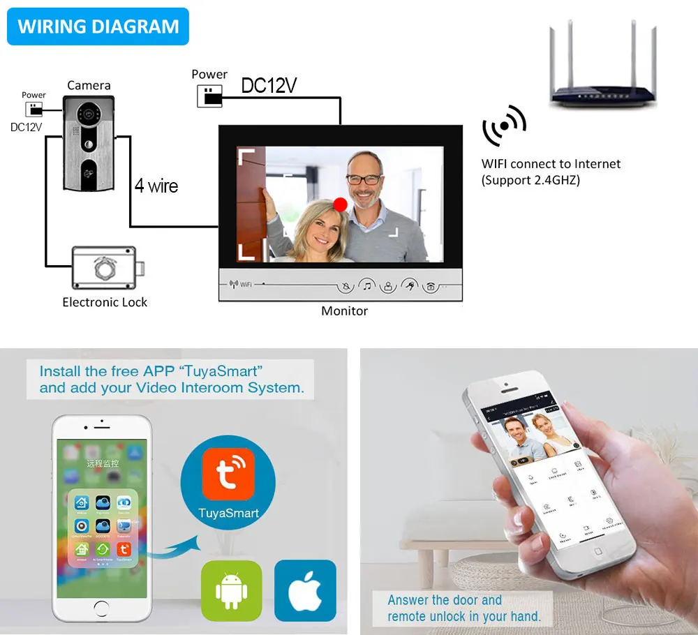 MonItor de vídeo inalámbrico para puerta, sistema de intercomunicación inteligente para el hogar con cámara de desbloqueo RFID, WiFi, Tuya, 9