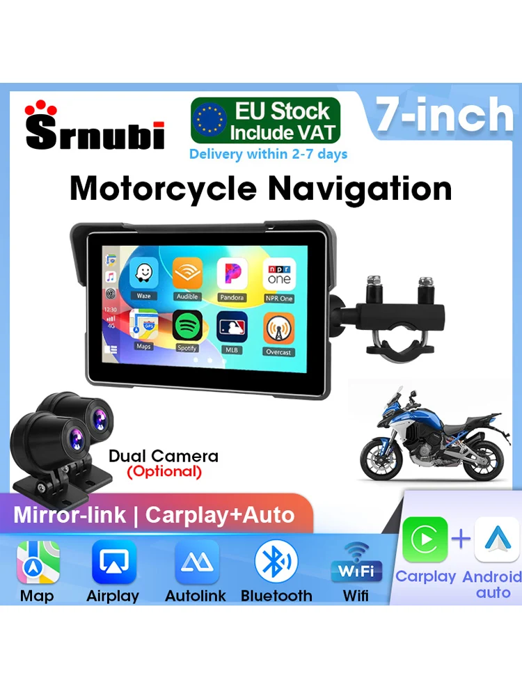 Srnubi 7-inch motorfiets DVR of navigatiespeler GPS Draadloos CarPlay Android Auto Waterdicht Dual Bluetooth Airplay Helm BT - afbeelding 2