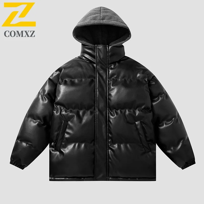 

COMXZ Winter Padded Jacket Japanese Style Men Fleece Lined Thickened Warm Parker Coat Solid Color Hooded Collar Leather Garment