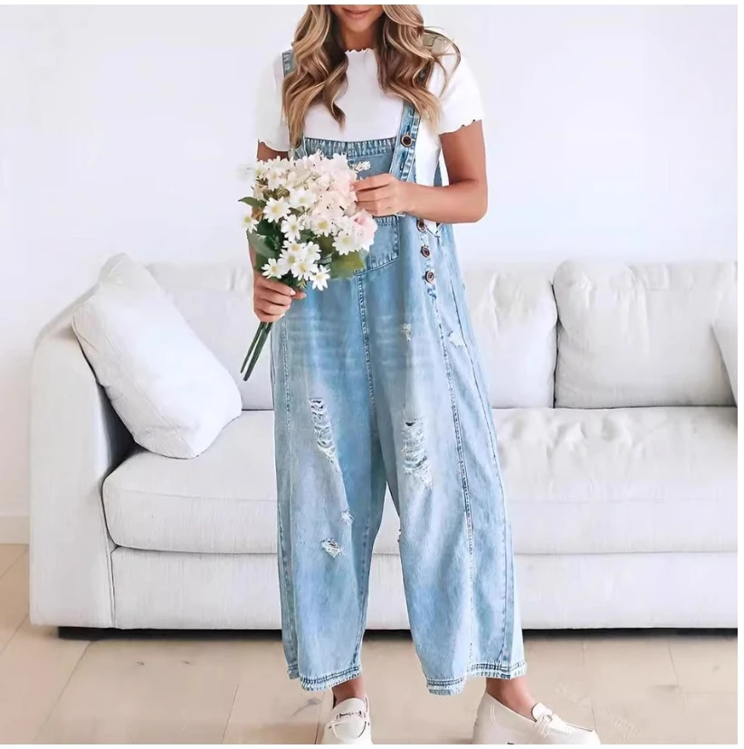 

New Fashion Women Denim Bib Overalls Ripped Baggy Jean Jumpsuit Romper Pants With Pockets For Streetwear Hot Sale S-XL