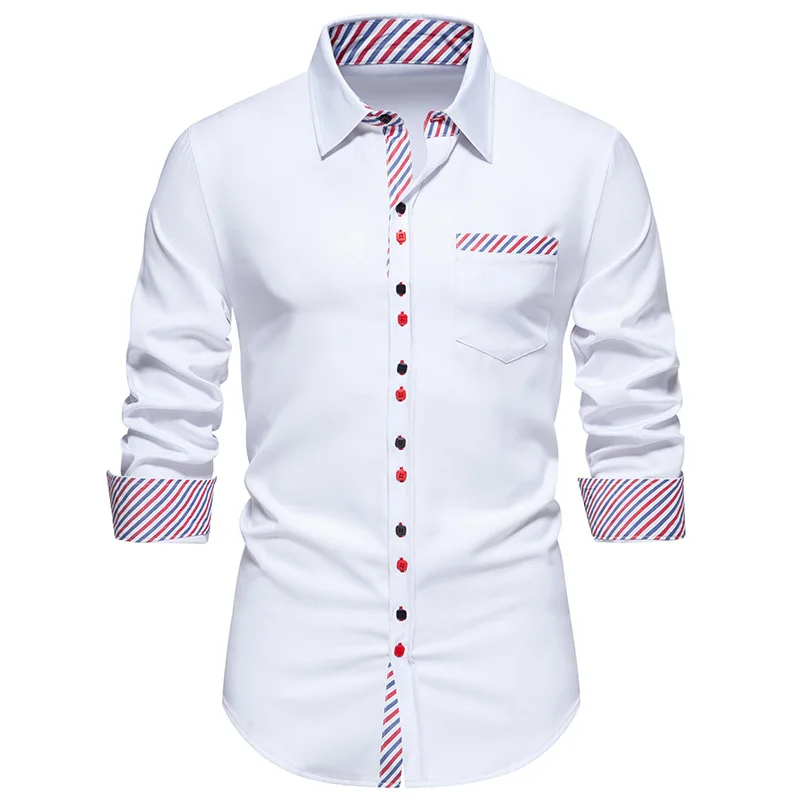 Men's Long Sleeve Dress Shirts For Wedding Dinner Stripe Patchwork Business Workplace Shirts Formal Prom Banquet Chemise Hombre