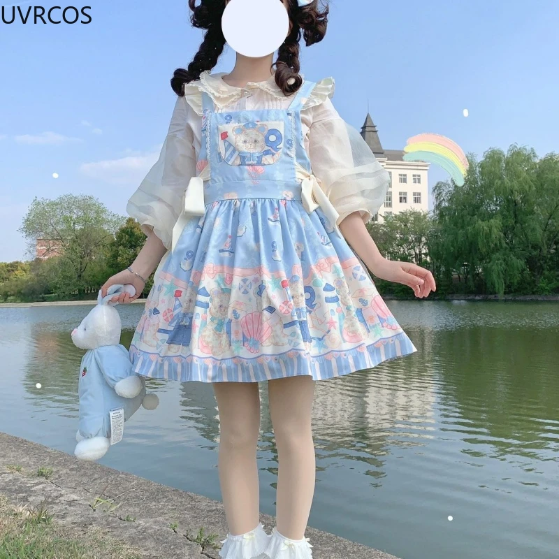 Sweet Lolita Style Jsk Dress Women Kawai Cute Cartoon Bear Print Bow Princess Strap Dresses Japanese Fashion Y2k Tea Party Dress