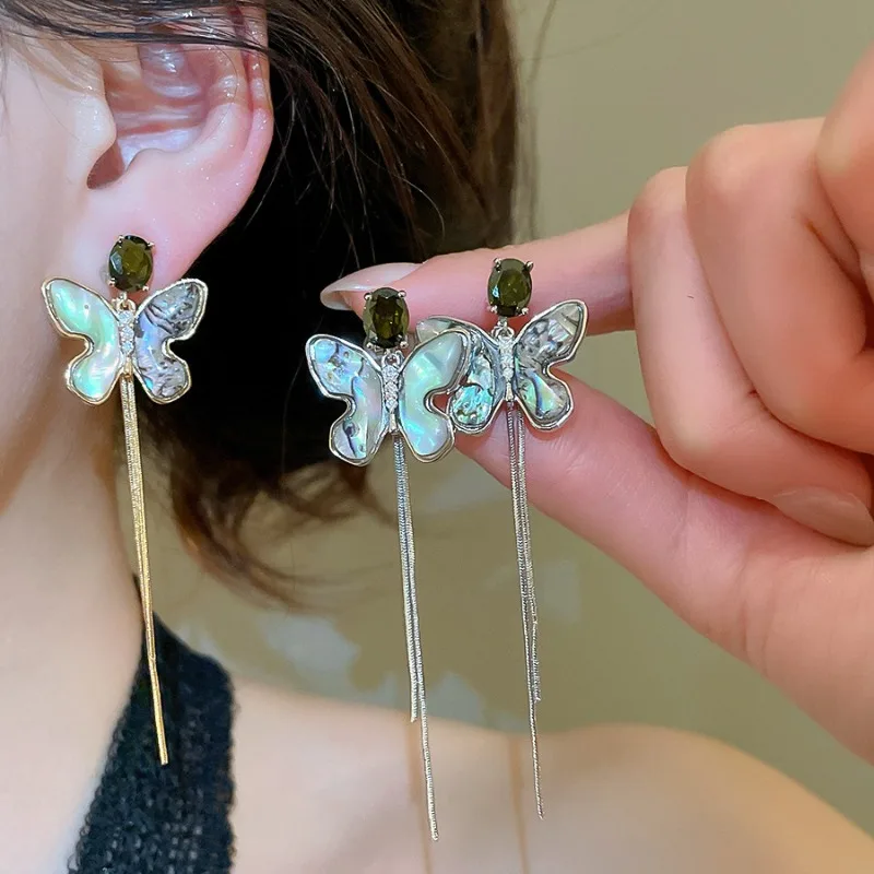 

Minar Fairy AB Color Abalone Shell CZ Cubic Zircon Butterfly Wings Long Chain Tassel Drop Earrings for Women Gold Silver Copper