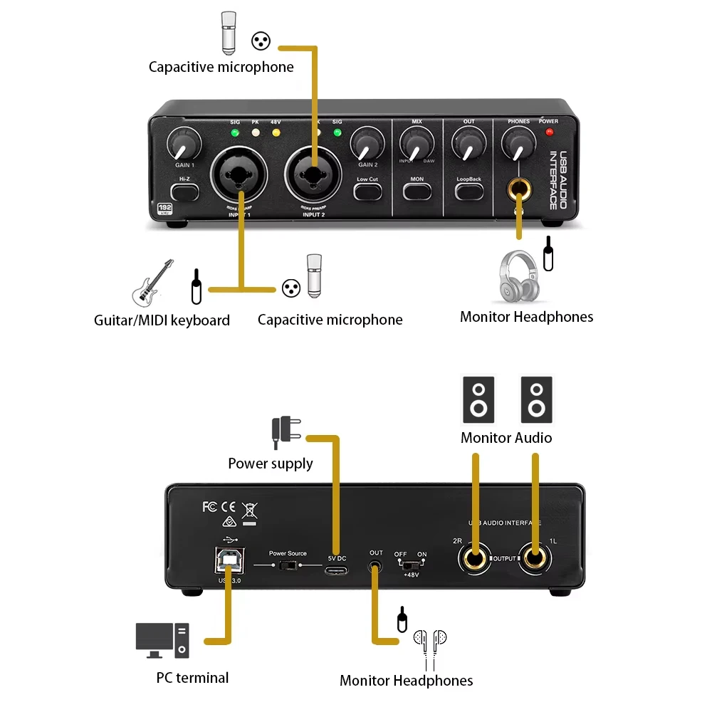 Professional USB Audio Interface Sound Card with Microphone Input for Guitar Recording Mixing and Live Streaming