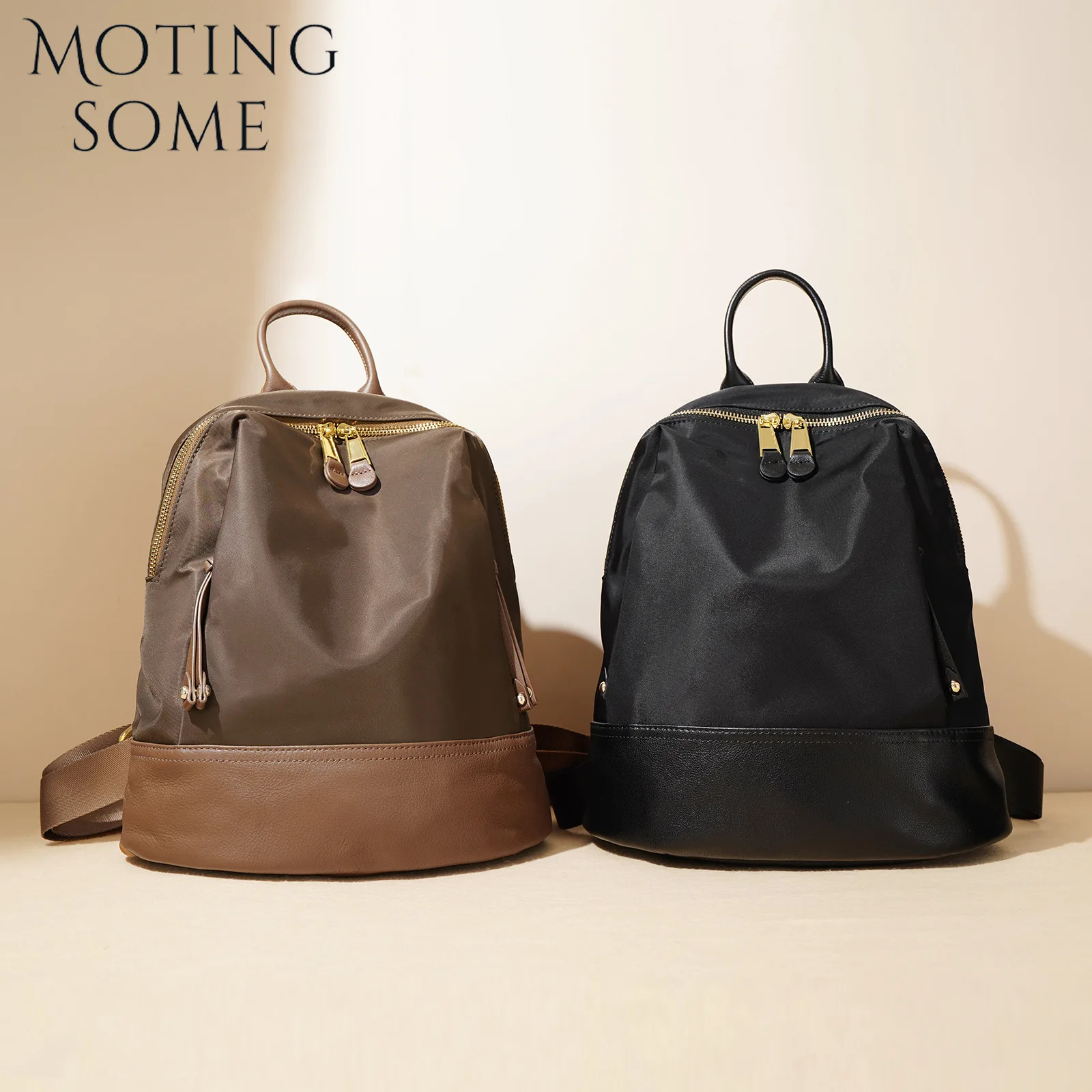 Motingsome School Bag Women Backpack Luxury Nylon + Cowhide 2024 New Autumn and Winter Travel Bag Oxford Cloth Junior Back Pack