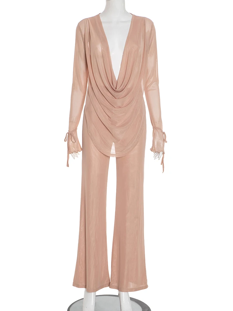 Ensemble 2 pièces transparent pour femmes, Coquette Sexy, manches longues, col pivotant, t-shirts + pantalon droit, Simple, assorti, Clubwear